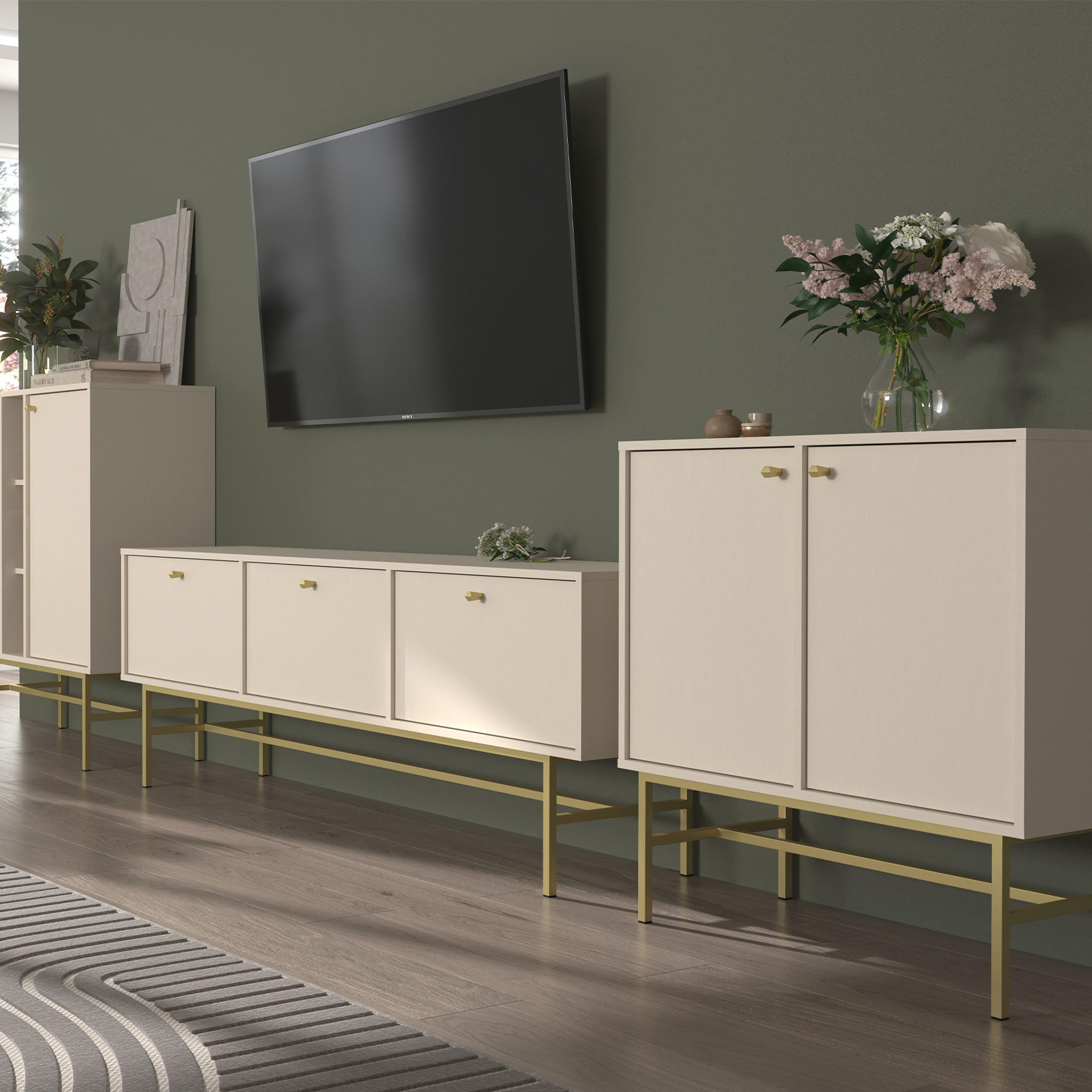 KOMMODE FLOREN, Creme/Gold - Creme, Holzwerkstoff/Metall (83.6/86.4/40.8cm) - KONSIMO®