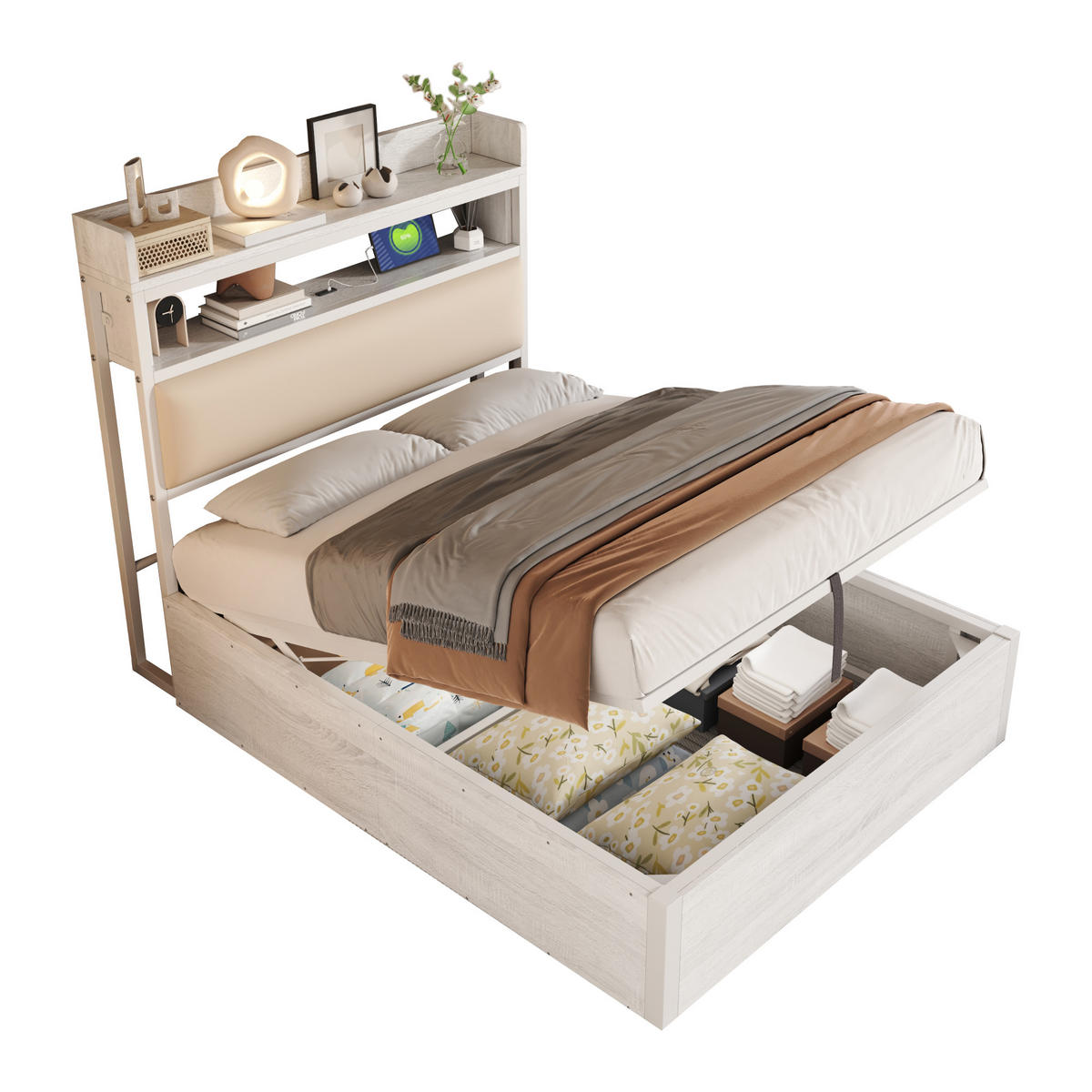 POLSTERBETT 90/200 cm weiß aus Metall und Holz mit Stauraum und USB - Weiß, Metall (90/200cm) - OKWISH