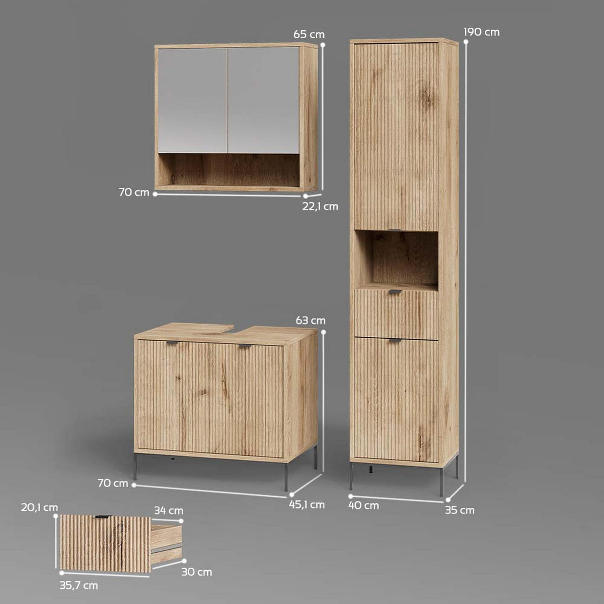 BADMÖBEL-SET ATERNO Viking Oak 3 Teile, mit Hochschrank - Eiche Wotan, Holzwerkstoff (70/63/45cm) - Livinity®