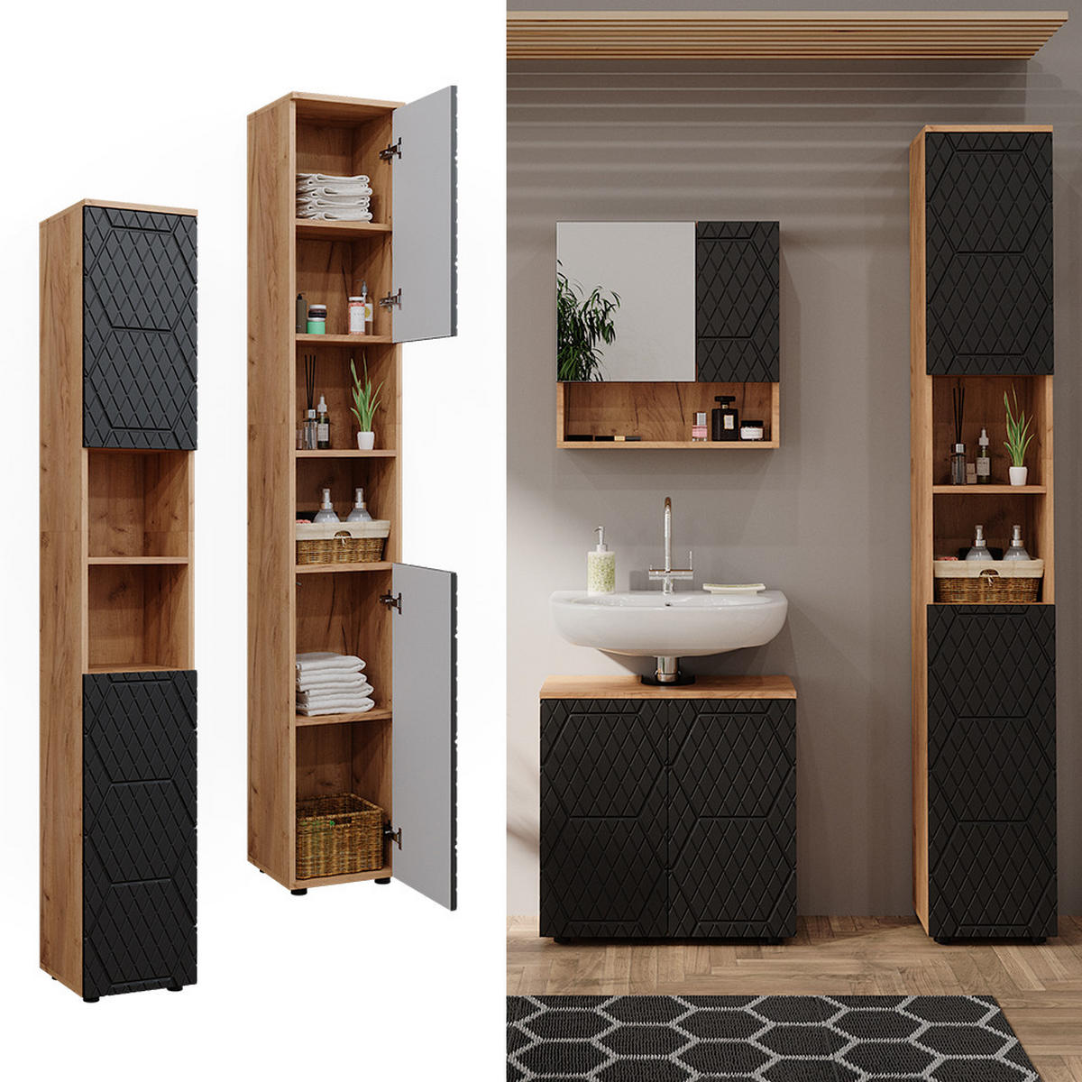 BADSCHRANK Irma Anthrazit gestreift 30 x 192 cm - Anthrazit/Eiche Wotan, Holzwerkstoff (30/192/30cm) - Vicco