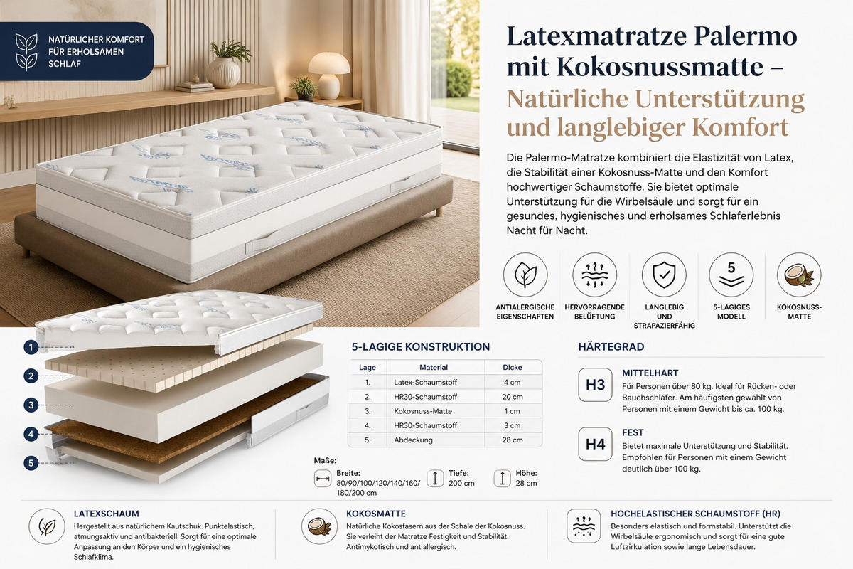 LATEXMATRATZE Mit Kokosnussmatte 90x200cm, PALERMO - Weiß, Textil (90/200cm) - Kaiser Möbel