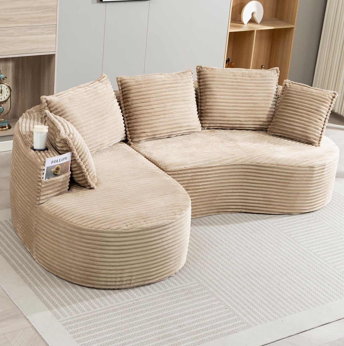 SOFA bogiges Design 250 x 152 cm Cord Khaki mit Getränkehaltern - Braun, Textil (152/250cm) - Meubliv