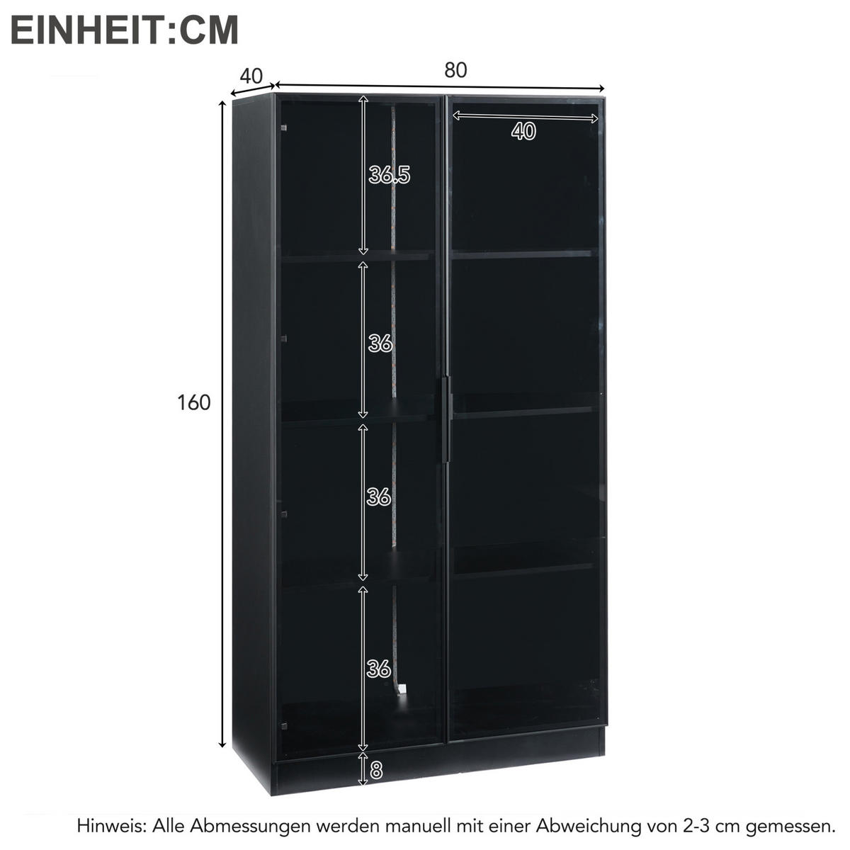 VITRINENSCHRANK mit LED-Beleuchtung 4-türig Schwarz mit Glastüren - Schwarz, Holzwerkstoff (40/160/160cm) - Beauniv