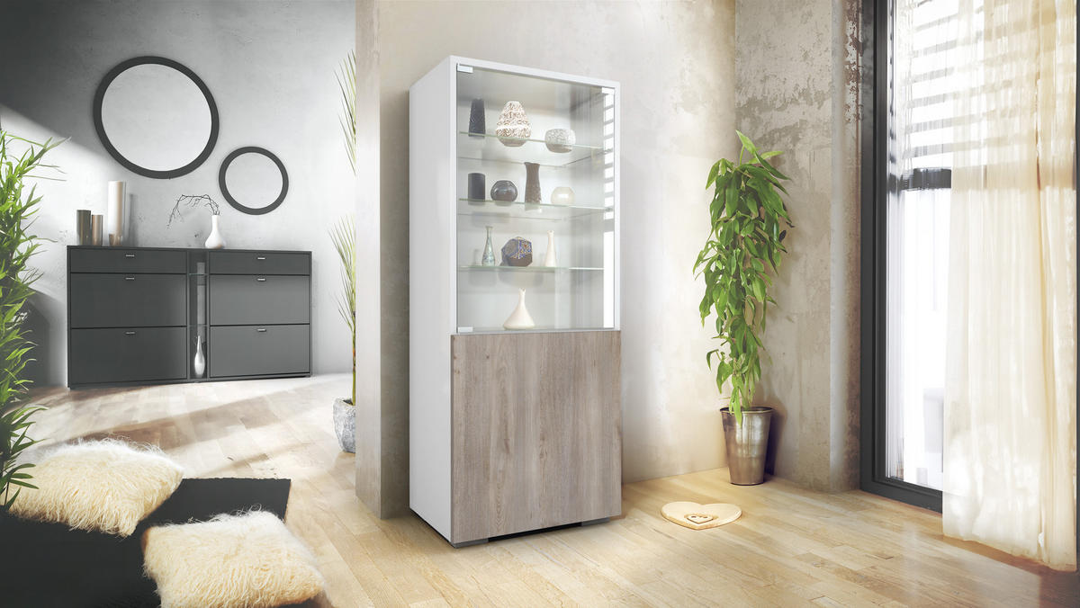 VITRINE Granada Eiche Nordic - Silbereichenfarben, Holzwerkstoff (50/122.5/34.5cm) - Vladon