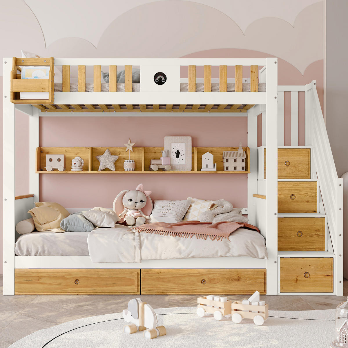 ETAGENBETT mit Stauraumtreppe, Schubladen, Weiß/Natur, 90/200 cm - Weiß, Holz (90/200cm) - MIVRAY