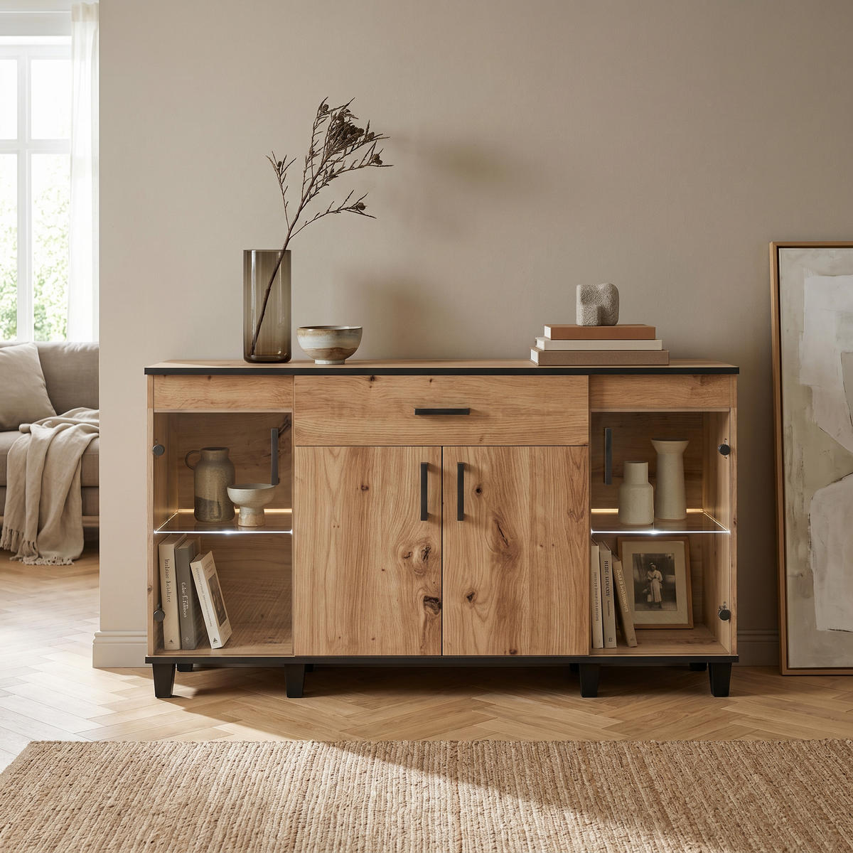KOMMODE CORTEZA 160/90/40cm mit 1 Schubladen 4 Türen Eiche Artisan - Eiche Artisan, Holzwerkstoff (160/90/40cm) - MASSENO