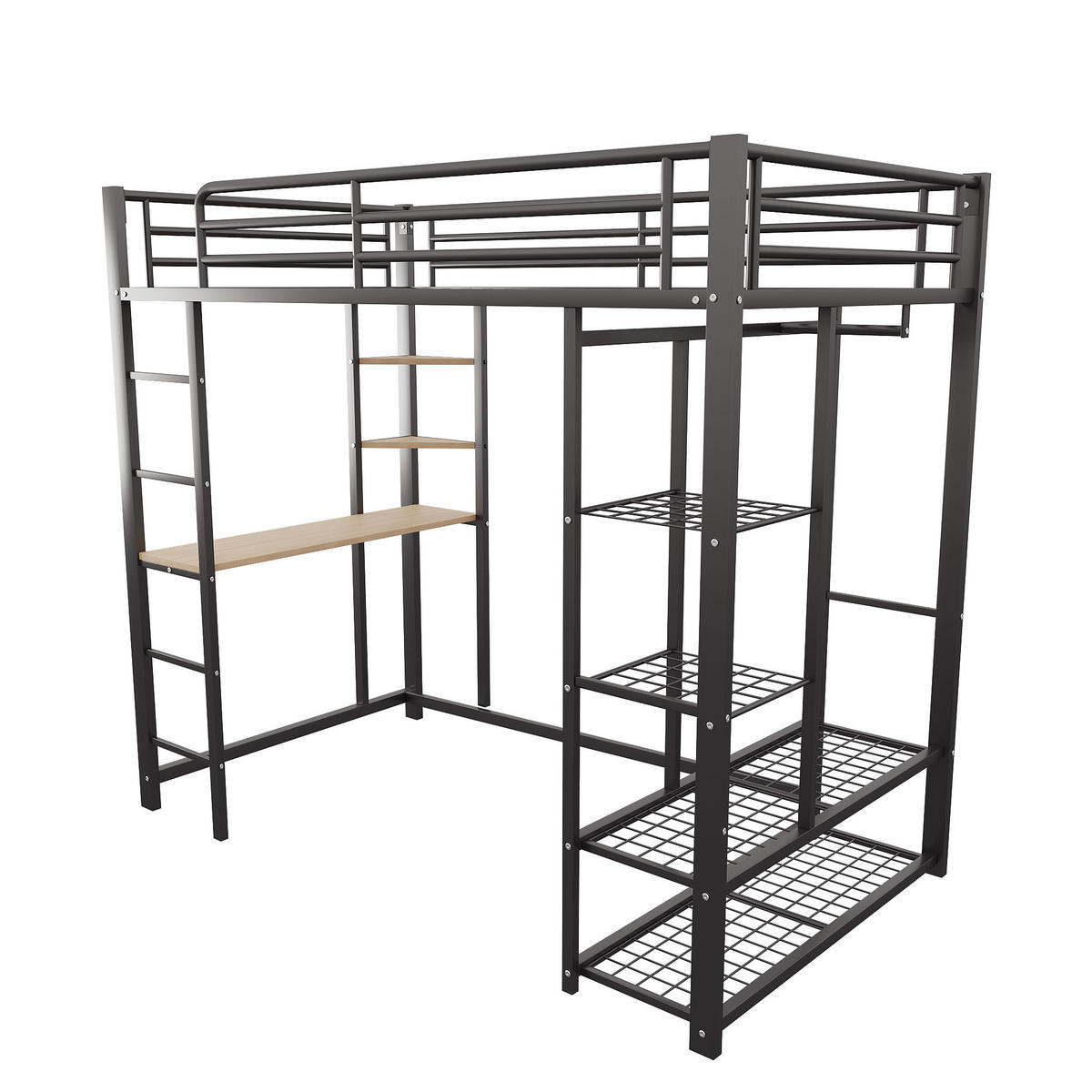HOCHBETT mit Schreibtisch, Regalen und Stauraum - Schwarz, Holzwerkstoff/Metall - Urban Meuble