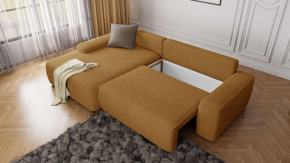 ECKSOFA Nancy Honig Cord - Schwarz/Honig, Holz/Kunststoff (264/162cm) - S-Style Möbel
