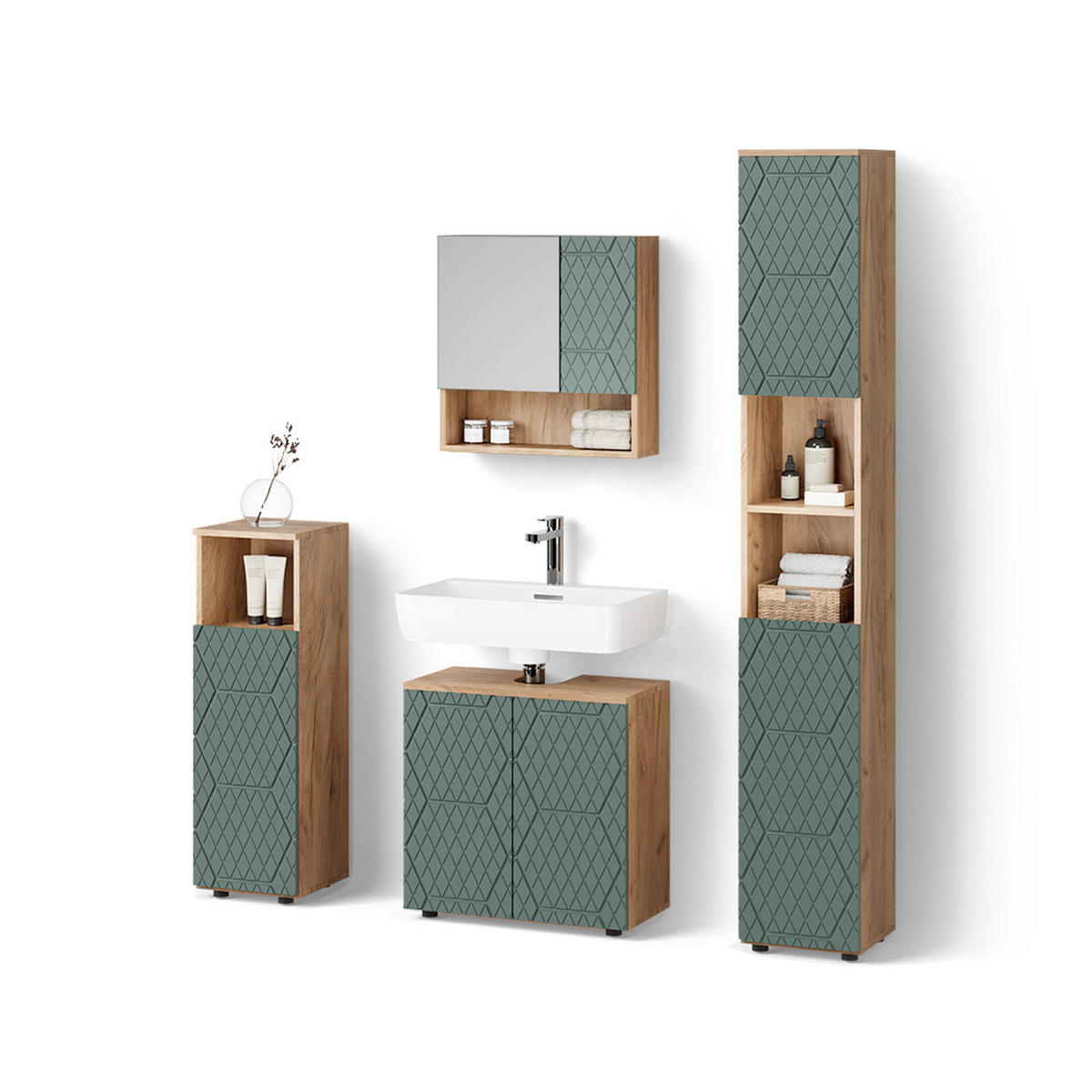 BADMÖBEL-SET Ronco Grün/Goldkraft Eiche 4 Teile, mit Hochschrank - Eiche Wotan/Grün, Holzwerkstoff (60/59/30cm) - Livinity®