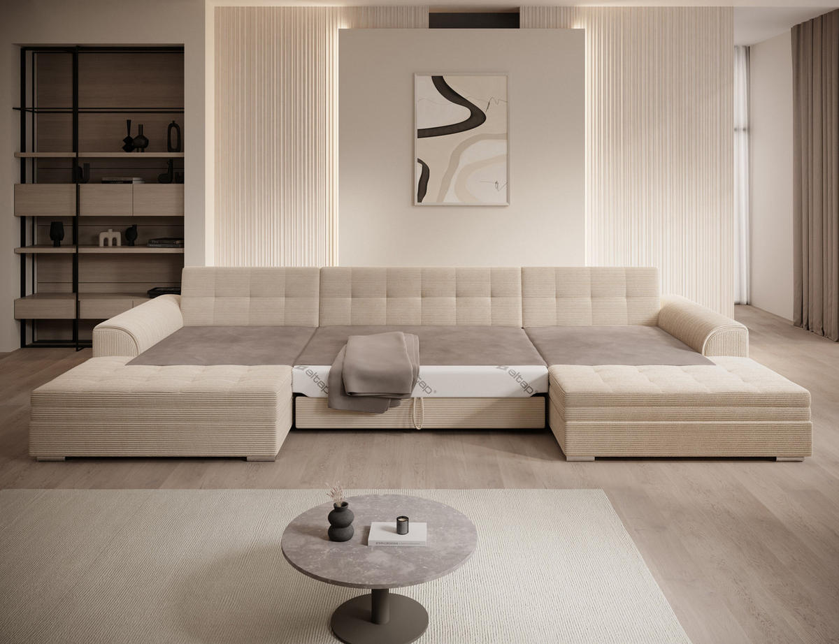 WOHNLANDSCHAFT VENTO U-Form – Großzügiges Ecksofa mit Schlaffunktion & Kissen 359 cm - Beige, Kunststoff (359/165cm) - Wohnideebilder