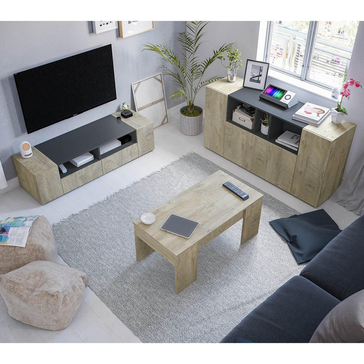 SIDEBOARD mit 3 Türen, davon 1 Flügeltür und 3 Nischen Tamiko - L150cm - Eiche Artisan/Grau, Holzwerkstoff (41/76/150cm) - Calicosy