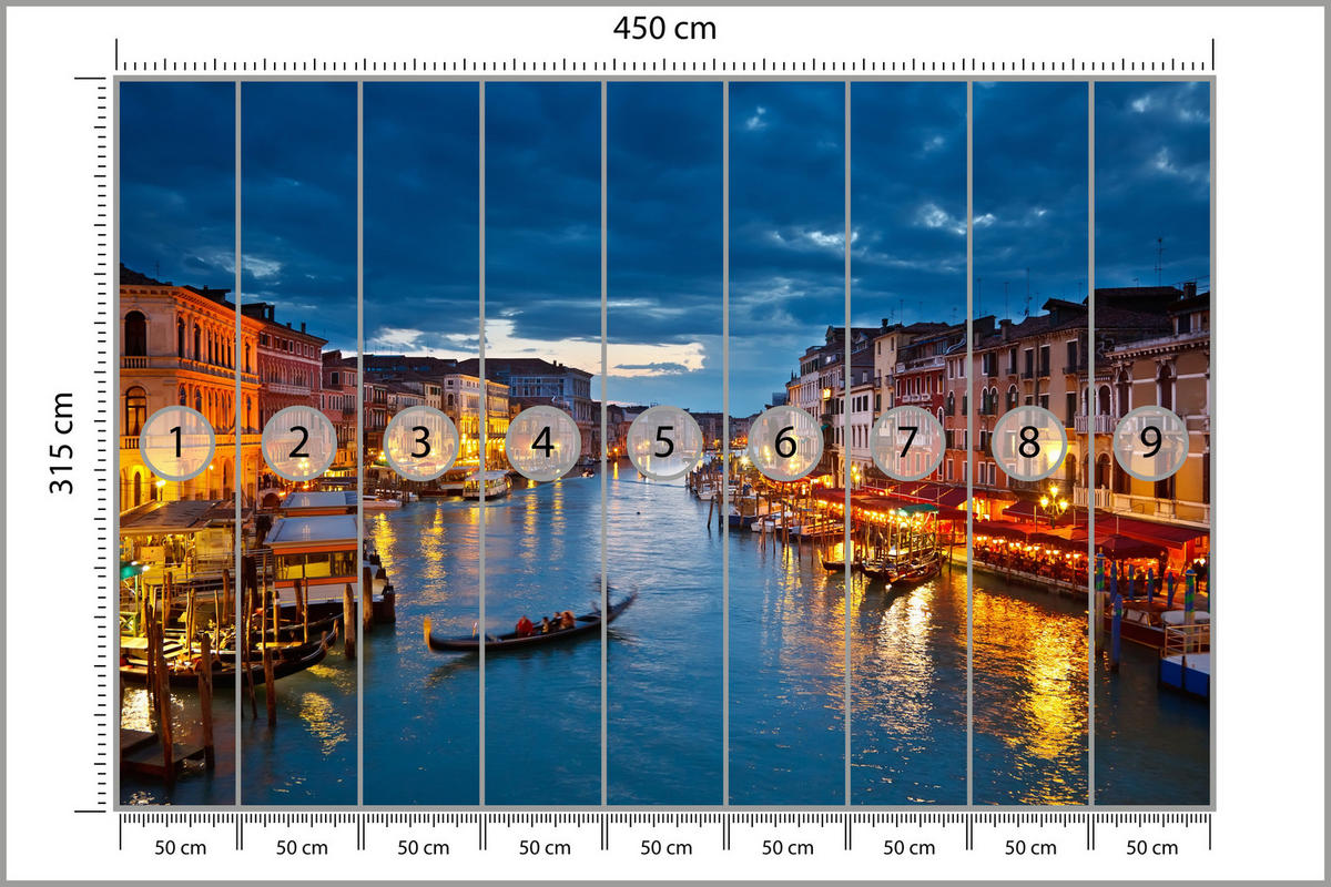 FOTOTAPETE für Büro Venezianischer Kanal Gondeln Abendstimmung Romantik 450x315 - Orange/Braun, Papier (450/315cm) - Muralo
