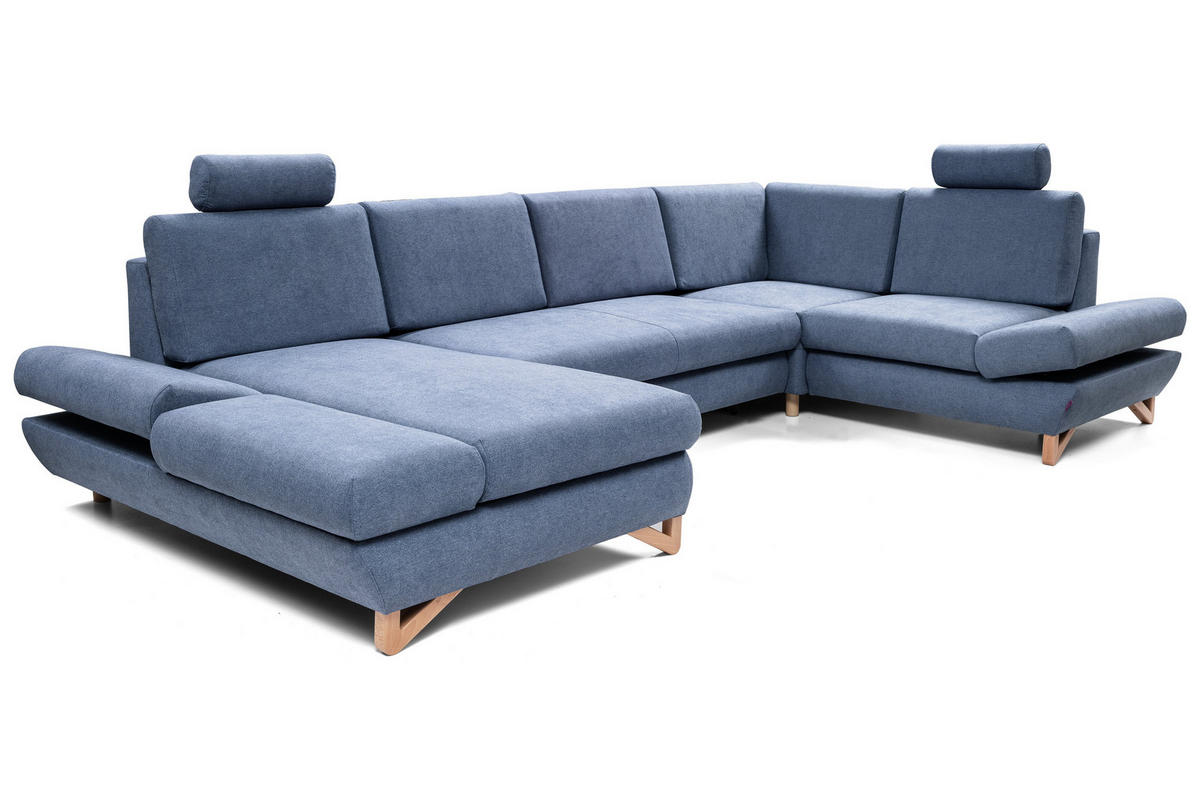 WOHNLANDSCHAFT CASA IV R-S Blau Plüsch-Stoff mit Schlaffunktion - Blau, Holz (344/100/199cm) - MASSENO