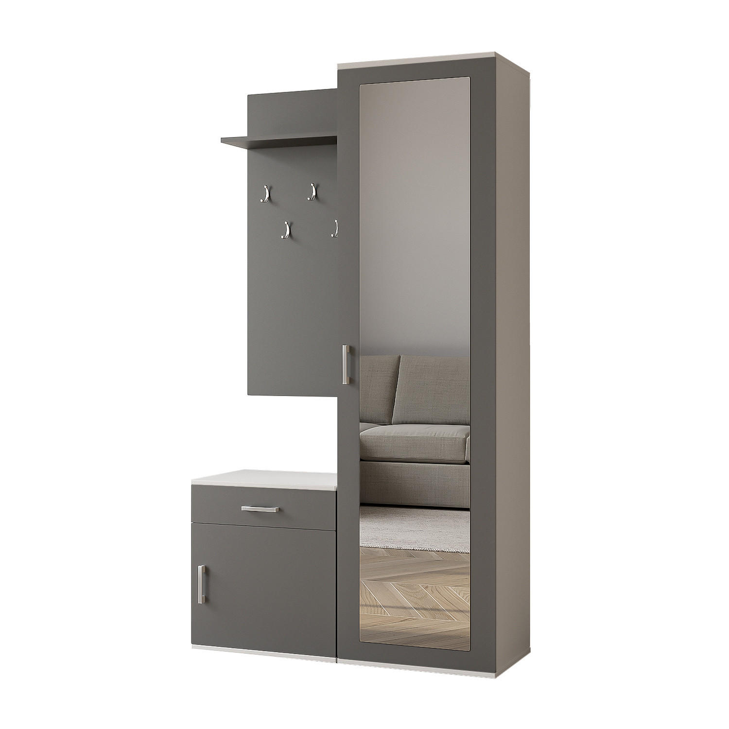 GARDEROBE Patricia 100 cm mit Spiegel, mit Schuhschrank und Schublade, weiß, grau - Weiß/Grau, Kunststoff (100/181/35cm) - Margaret Hadas24