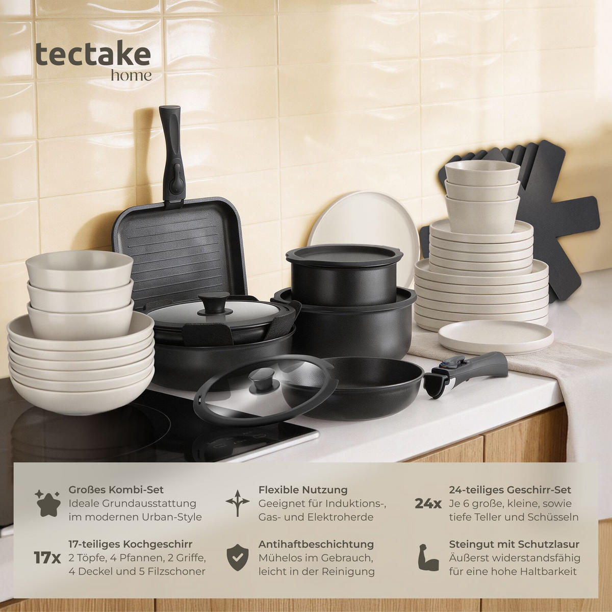 KÜCHENSTARTERSET 41er Set Una/Parma, inklusive Topfschonern und anklemmbaren Griffen, schwarz/taupe - Taupe/Schwarz, Keramik (30/8.5/46.5cm) - tectake