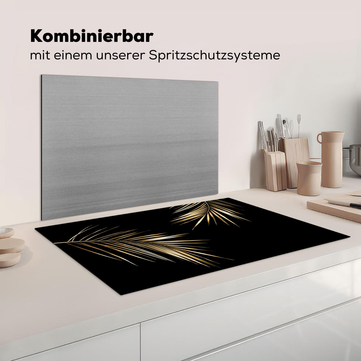 HERDABDECKPLATTE Blätter - Pflanzen - Gold - Schwarz - Luxus Ceranfeldabdeckung 85x52 cm - Goldfarben, Kunststoff (85/52/0.2cm) - MuchoWow