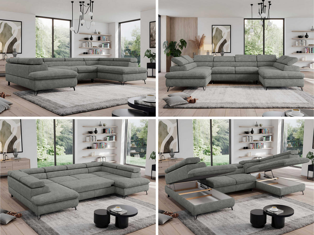 WOHNLANDSCHAFT PEDRO U Struktur Grau - Schwarz/Grau, Textil/Metall (346/76/208cm) - MKS