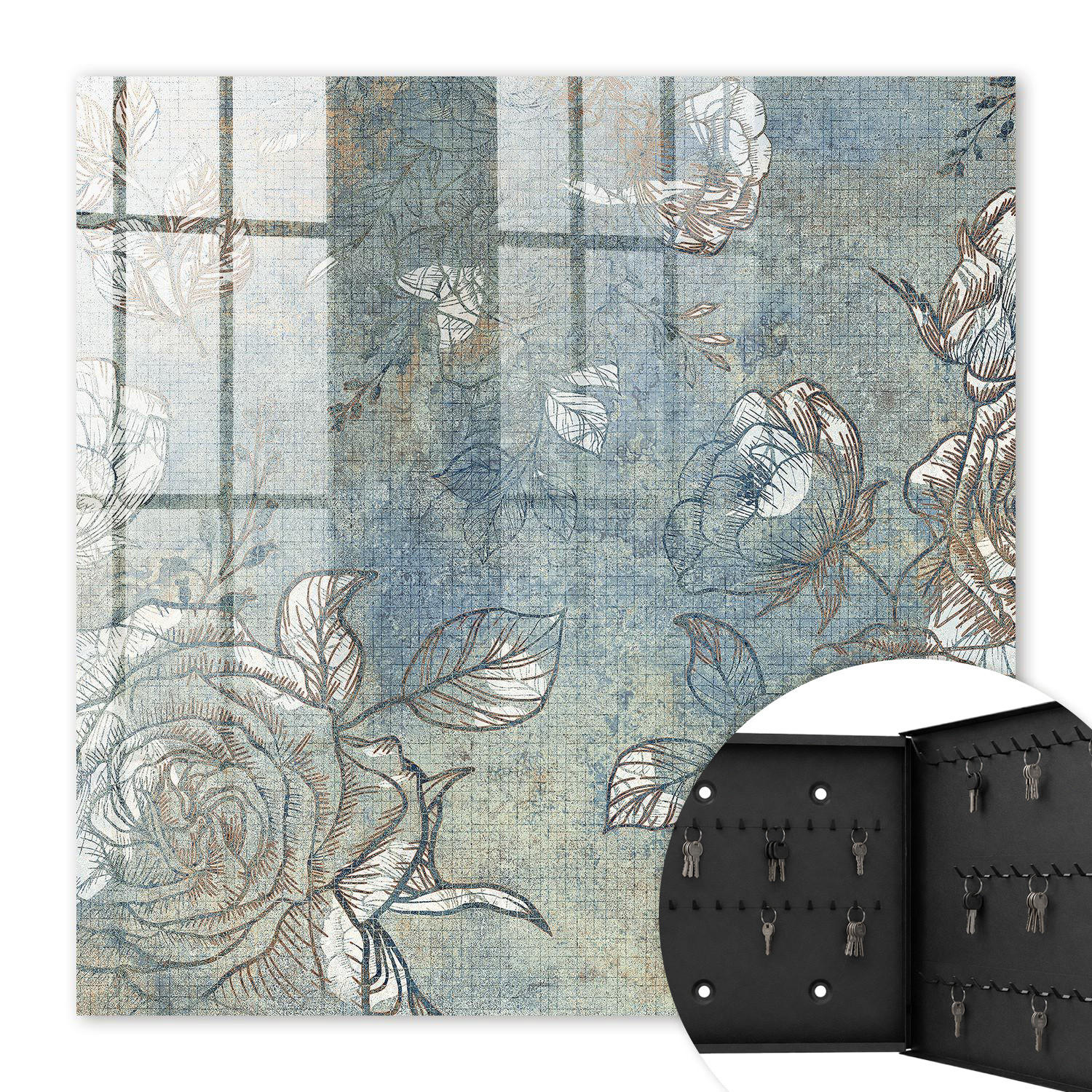 SCHLÜSSELBOX Schwarz 30x30 cm- Türöffnung nach rechts - Blumenmuster - Blau, Metall (30/30/5cm) - TULUP
