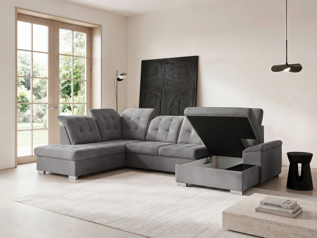 WOHNLANDSCHAFT ANON Ottomane Links, mit Schlaffunktion und Bettkasten, Grau - Grau, Kunststoff/Textil (322/87/220cm) - Idohome