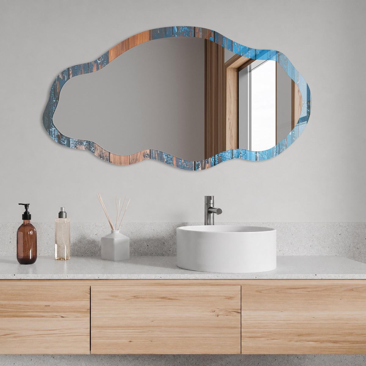 SPIEGEL 90x45 cm asymmetrisch mit Druck - Holzstruktur - Transparent, Glas (45/90/0.4cm) - TULUP