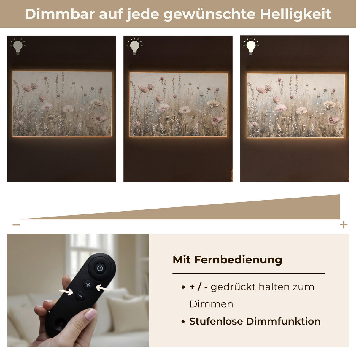 NÁSTĚNNÁ LAMPA S AKUMULÁTOREM Květiny - růžová - moderní - béžová 100x70 cm - starorůžová, kompozitní dřevo (100/70/8cm) - OnlyWow