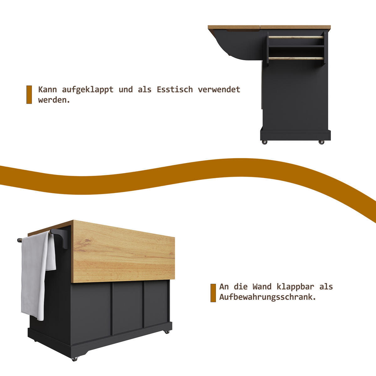 KÜCHENINSEL 147/70/93 cm Schwarz mit Klappblatt, Großem Stauraum und Rollen - Schwarz, Holz/Holzwerkstoff (147/93/70cm) - Oxeza