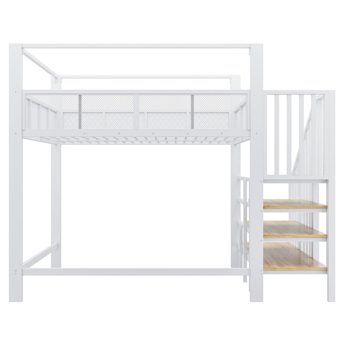 HOCHBETT Weiß 140×200cm mit Baldachin, Stauraumtreppe und freier Arbeitsfläche unter dem Bett - Weiß, Metall (140/200cm) - Luhomfu