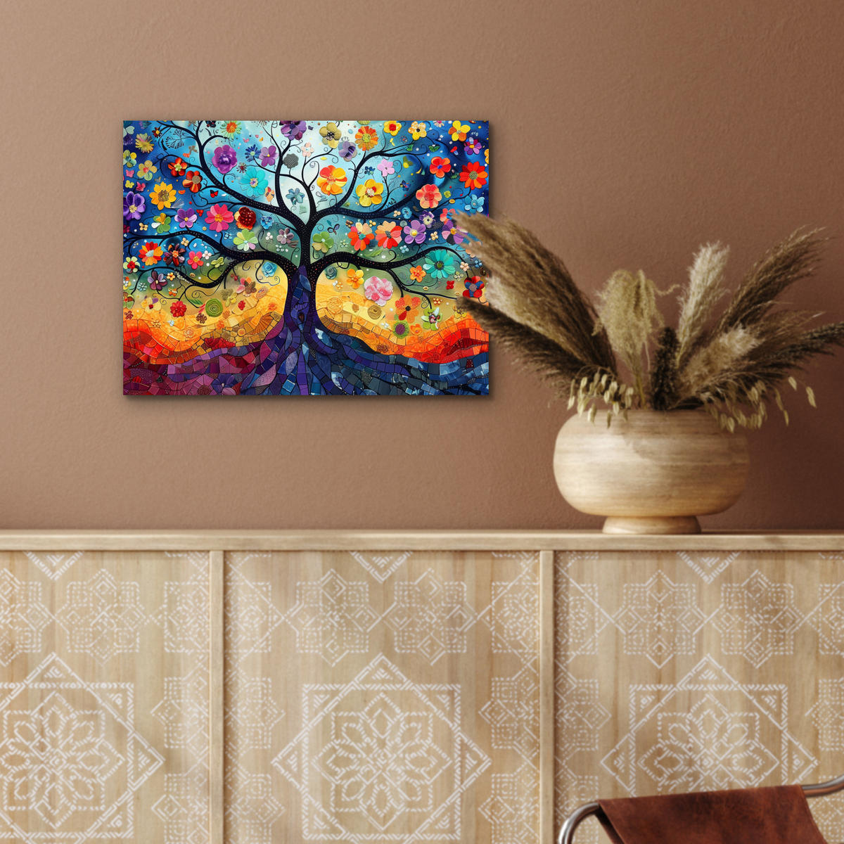 KOVOVÝ OBRAZ Umenie - Strom života - Kvety - Hippie 40x30 cm - tmavomodrá, kov (40/30cm) - MuchoWow