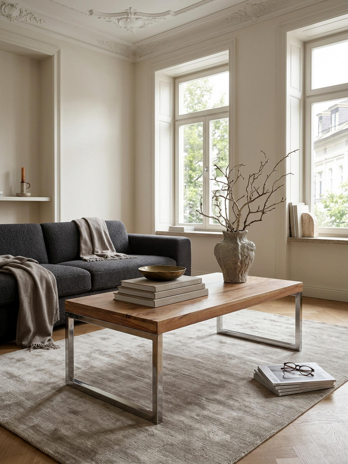 COUCHTISCH Massivholz mit Chromfüßen Handgefertigt, Beige 120x60x40 cm - Beige/Silberfarben, Holz/Metall (60/120/40cm) - KADIMA DESIGN
