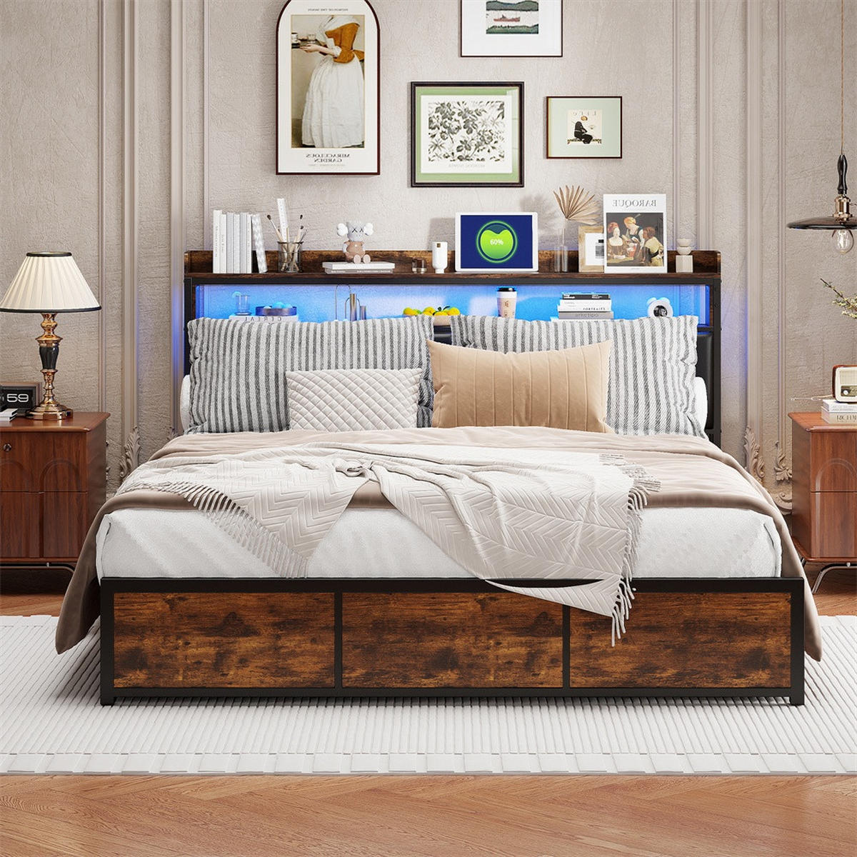 METALLBETT 180x200 cm - Kopfteil Regal & LED Beleuchtung - 4 Schubladen - ohne Matratze - Schwarz & Braun - Braun, Metall (180/200cm) - DELFA