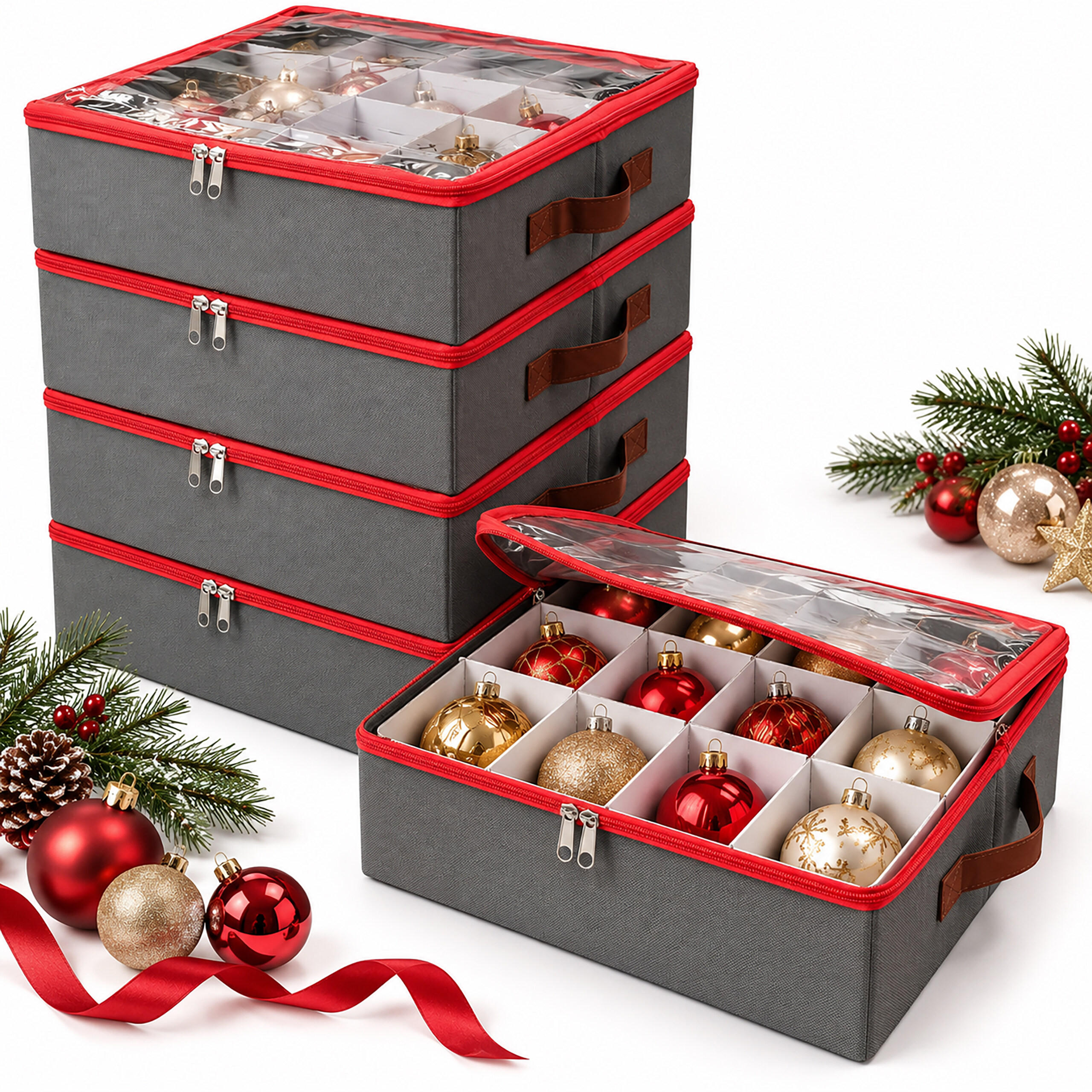 AUFBEWAHRUNGSBOX Grau 4er-Set für Weihnachtskugeln - Grau, Wellpappe/Kunststoff (32.5/36/32.5cm) - Relaxdays
