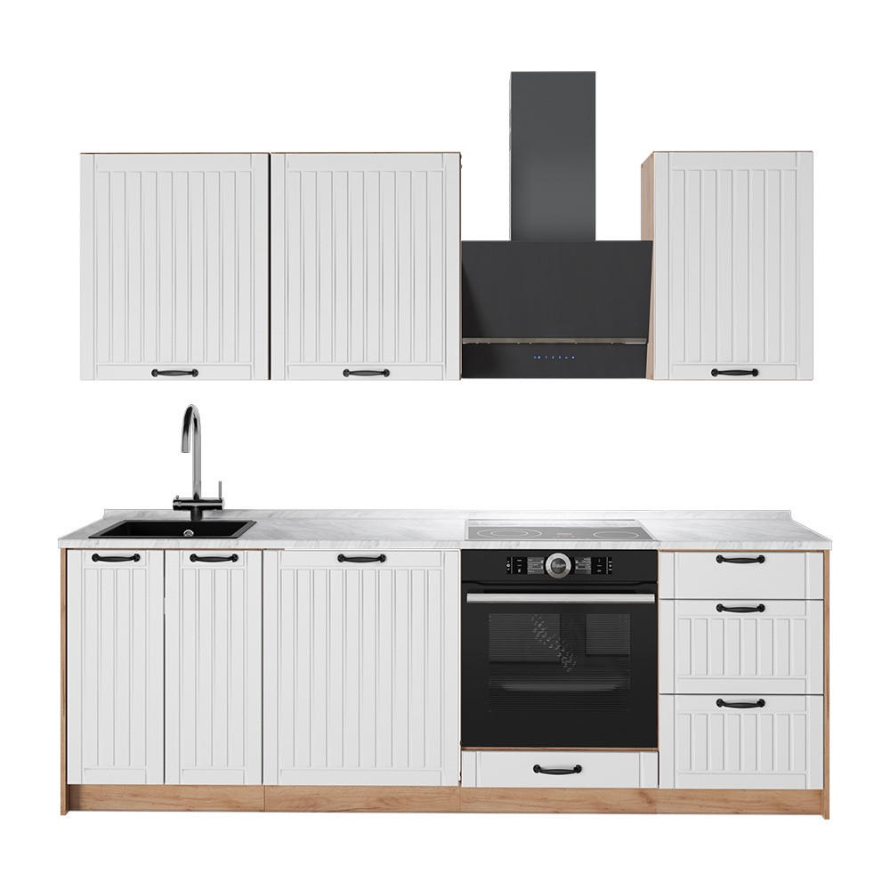 KÜCHENZEILE Fame-Line, Weiß Landhaus/Goldkraft Eiche, 230 cm, AP Marmor - Honigeiche/Weiß, Holzwerkstoff (230/206.8/60cm) - Vicco