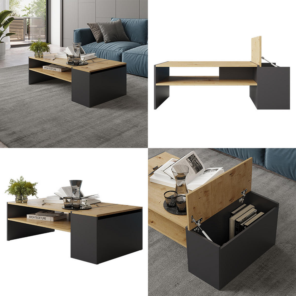 COUCHTISCH Rubby Artisan Eiche/Anthrazit 110 x 60 cm - Anthrazit/Eiche Artisan, Holzwerkstoff (60/110/36cm) - Vicco