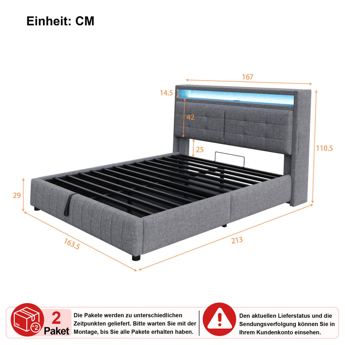 POLSTERBETT 160/200 cm in Grau Leinenstoff mit Stauraum, LED und USB - Grau, Holzwerkstoff/Textil (160/200cm) - WISHDOR