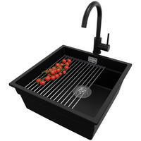 UNTERBAUSPÜLE GRANIT Praga, 2-er set Schwarz 46/47 cm 1 Becken + Küchenarmatur 32/20 cm + Ablauf-Set + Aufrollbare Abtropffläche ab 50er Unterschrank - Chromfarben/Schwarz, Kunststoff (46/20/47cm) - Primagran