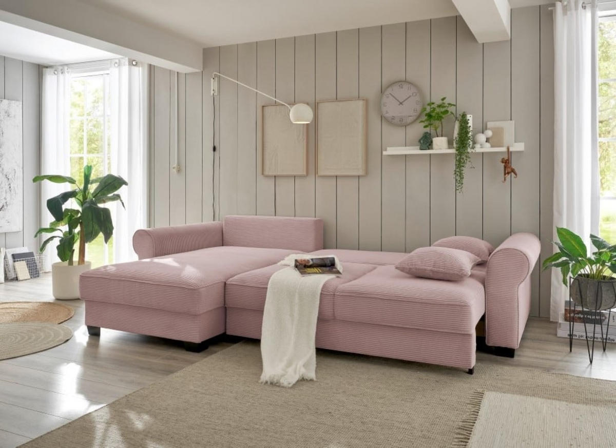 ECKSOFA beidseitig montierbar, Schlaffunktion mit Bettkasten und Nosagfederung in Breitcord - Schwarz/Rosa, Textil (318/197cm) - ed exciting design