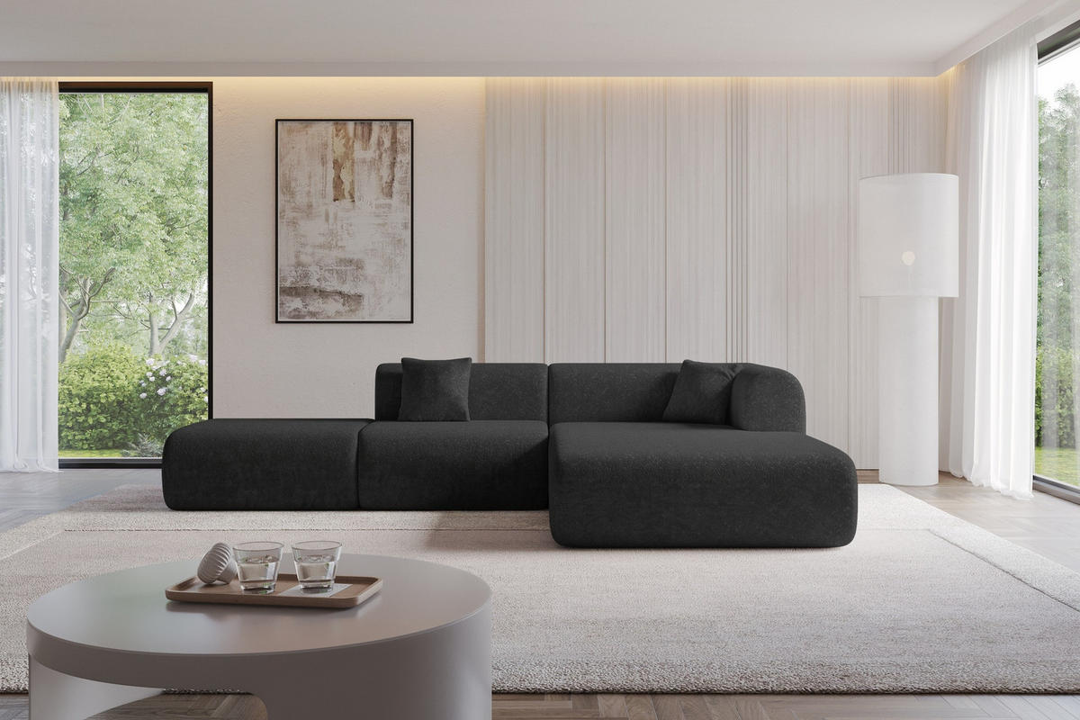 ECKSOFA Ottomane Rechts OVLY-L 289x176x71 Schwarz Chenille - Schwarz, Holzwerkstoff/Kunststoff (289/176cm) - ALTDECOR