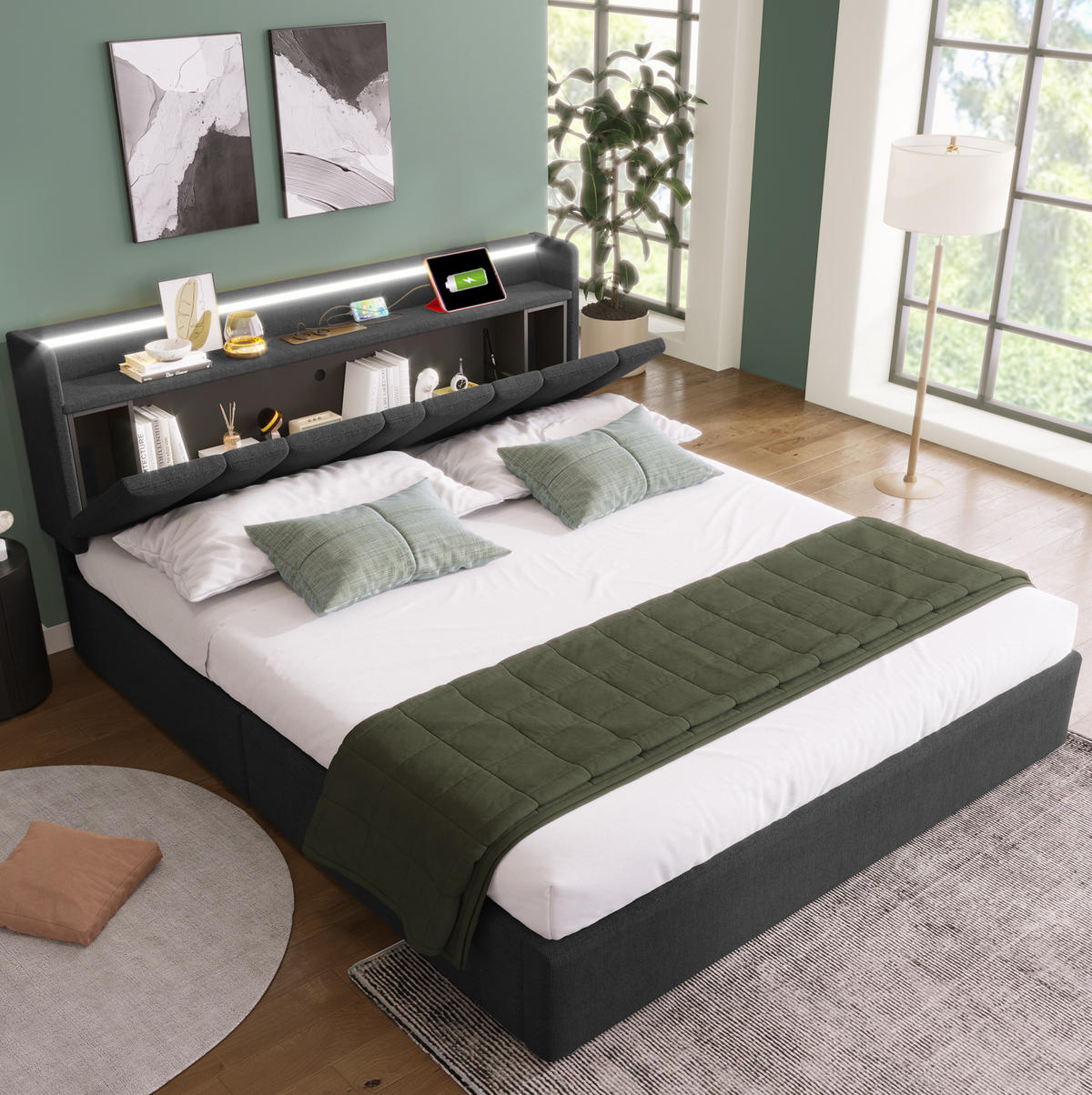 POLSTERBETT 160/200 cm Grau mit Stauraum-Kopfteil und USB-Ladefunktion - Grau, Textil (160/200cm) - OKWISH