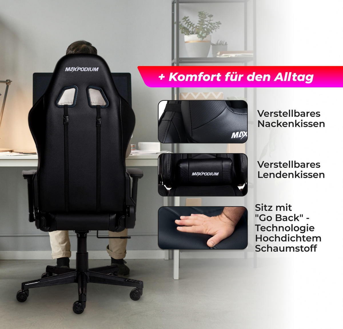 GAMING-BÜROSTUHL TACTICAL Schwarz - Schwarz, Kunststoff/Metall (55/137/50cm) - MaxPodium