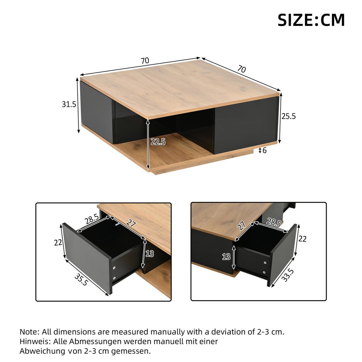 COUCHTISCH 70x70x31.5cm Schwarz Holzfarbe mit 3 Schubl. - Walnussfarben/Schwarz, Holzwerkstoff (70/70/31.5cm) - FLIEKS
