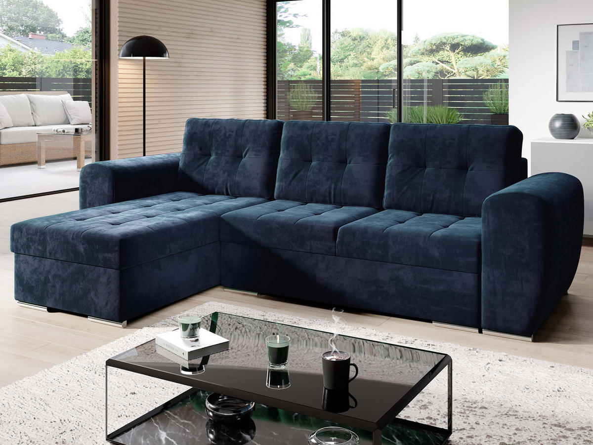 ECKSOFA Bari - Silberfarben/Dunkelblau, Holz/Textil (256/157cm) - MIRJAN24