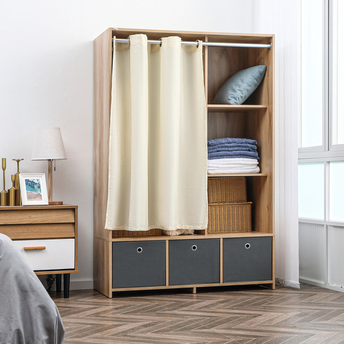 KLEIDERSCHRANK DE-17166 mit Kleiderstange & 3 Stoffschubladen Natur - Naturfarben, Holzwerkstoff (48/160/105cm) - ComfortXL