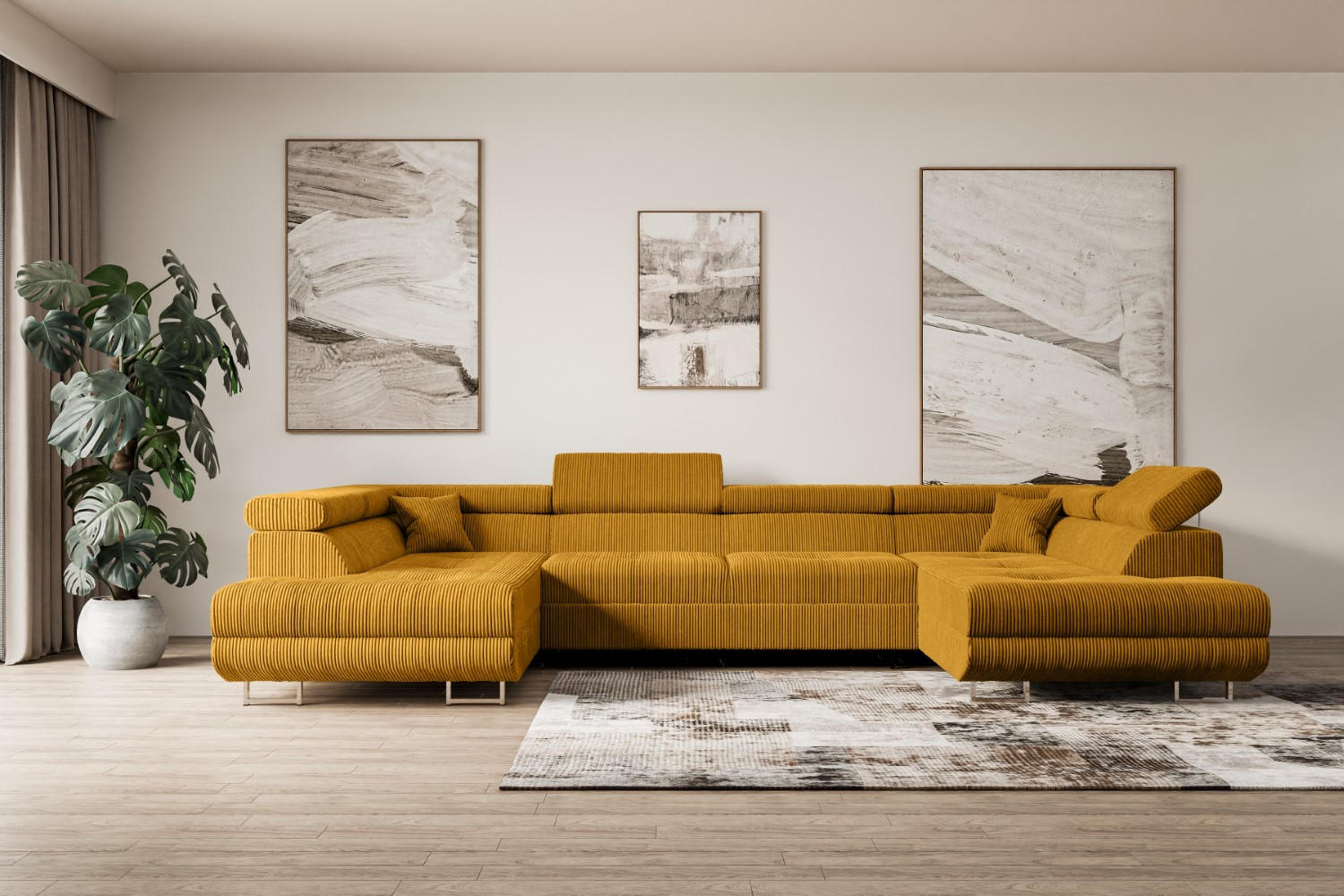 WOHNLANDSCHAFT mit Schlaffunktion und Bettkasten GUSA-U 342x202x107 cm Senfgelb Cord - Gelb/Silberfarben, Holzwerkstoff/Textil (342/107/202cm) - ALTDECOR