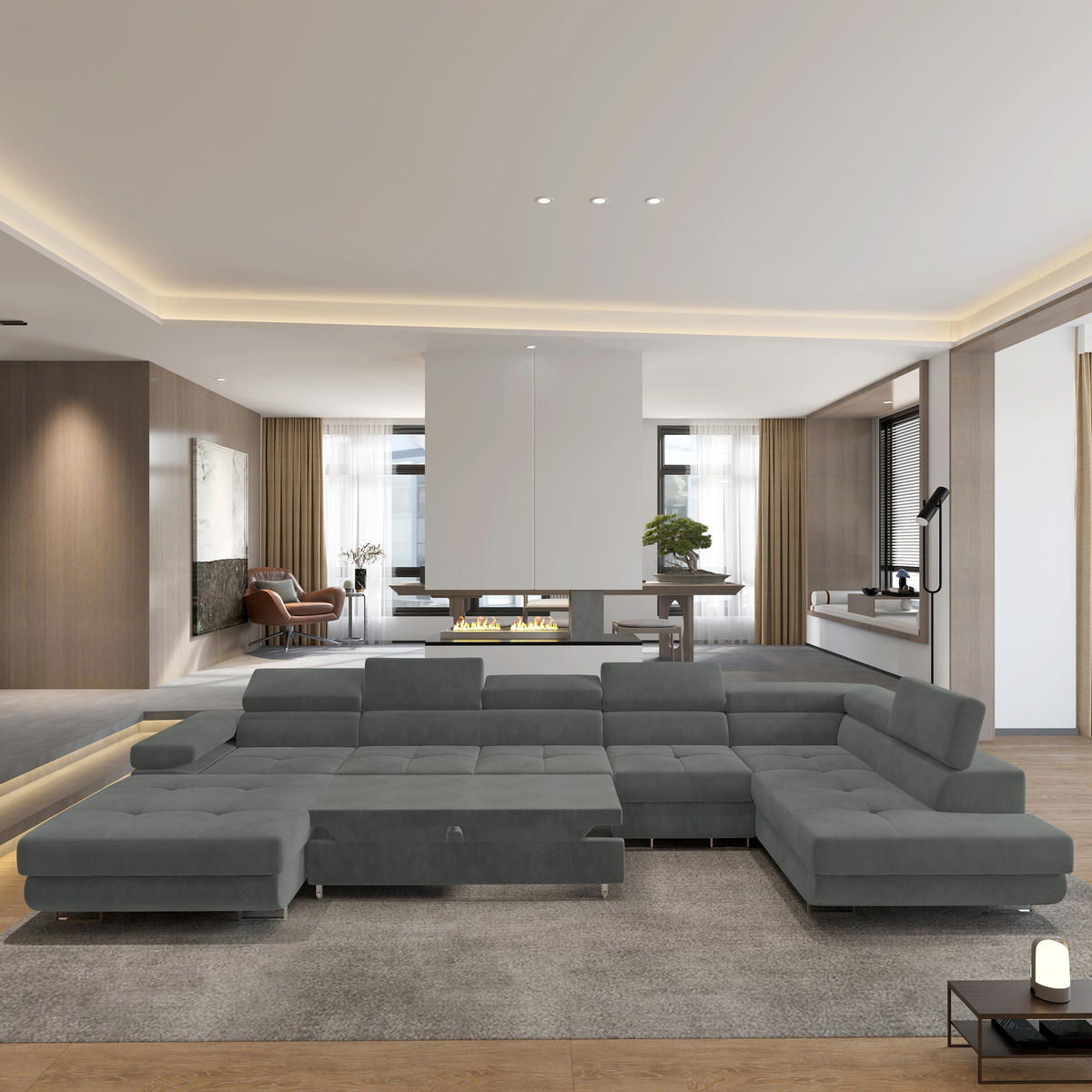 WOHNLANDSCHAFT VELORA R-S Grau Velours-Stoff mit Schlaffunktion - Grau, Holz (419/90/202cm) - MASSENO