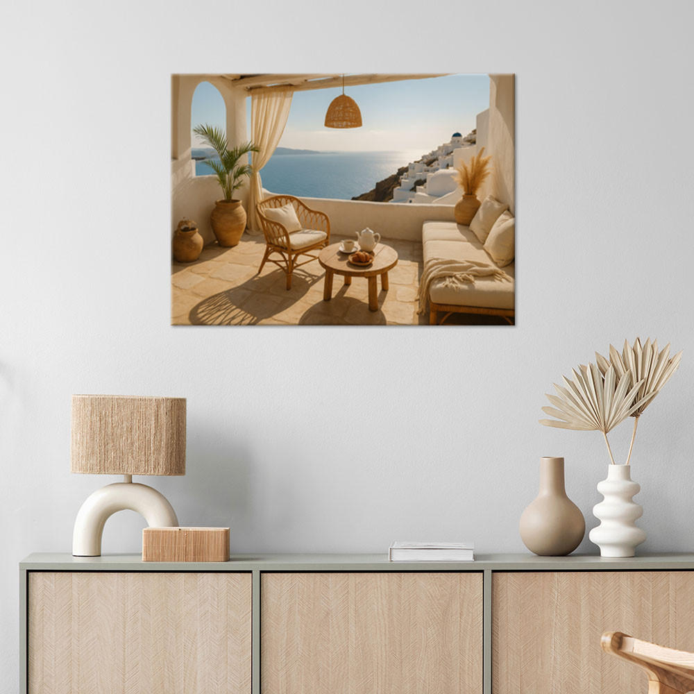 LEINWANDBILD Blick von der Terrasse Santorini 100x70cm - Beige, Textil (100/70cm) - Feeby