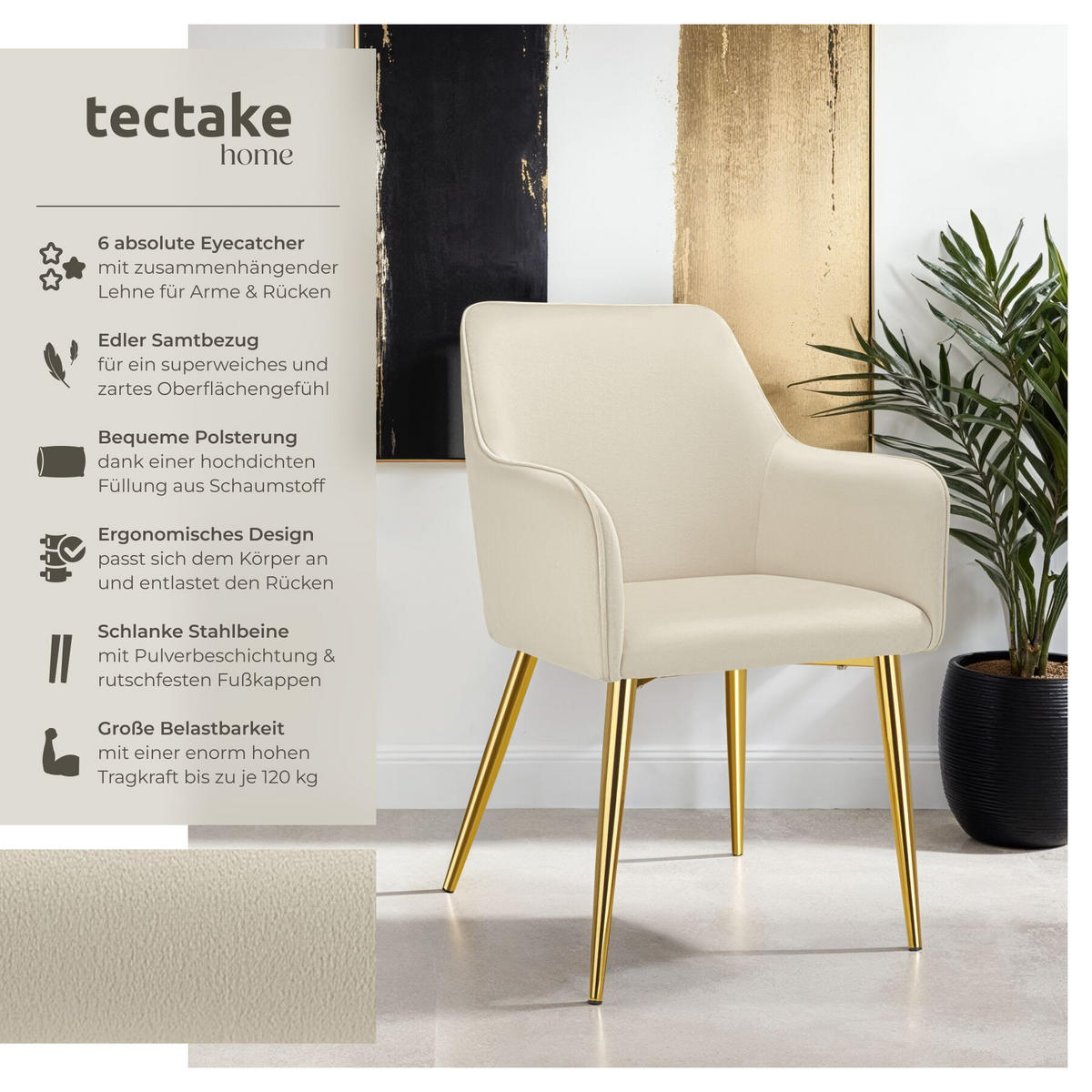 ARMLEHNSTUHL 6er Set Avane 55 x 63 5 x 86 5 cm beige - Beige, Textil (55/86.5/63.5cm) - tectake