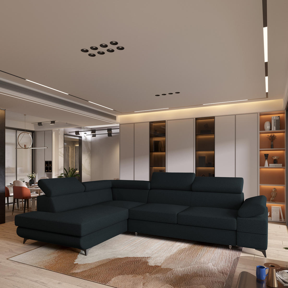 ECKSOFA FAVIEN L-S Schwarz Boucle-Stoff mit Schlaffunktion - Schwarz, Holz (257/190cm) - MASSENO
