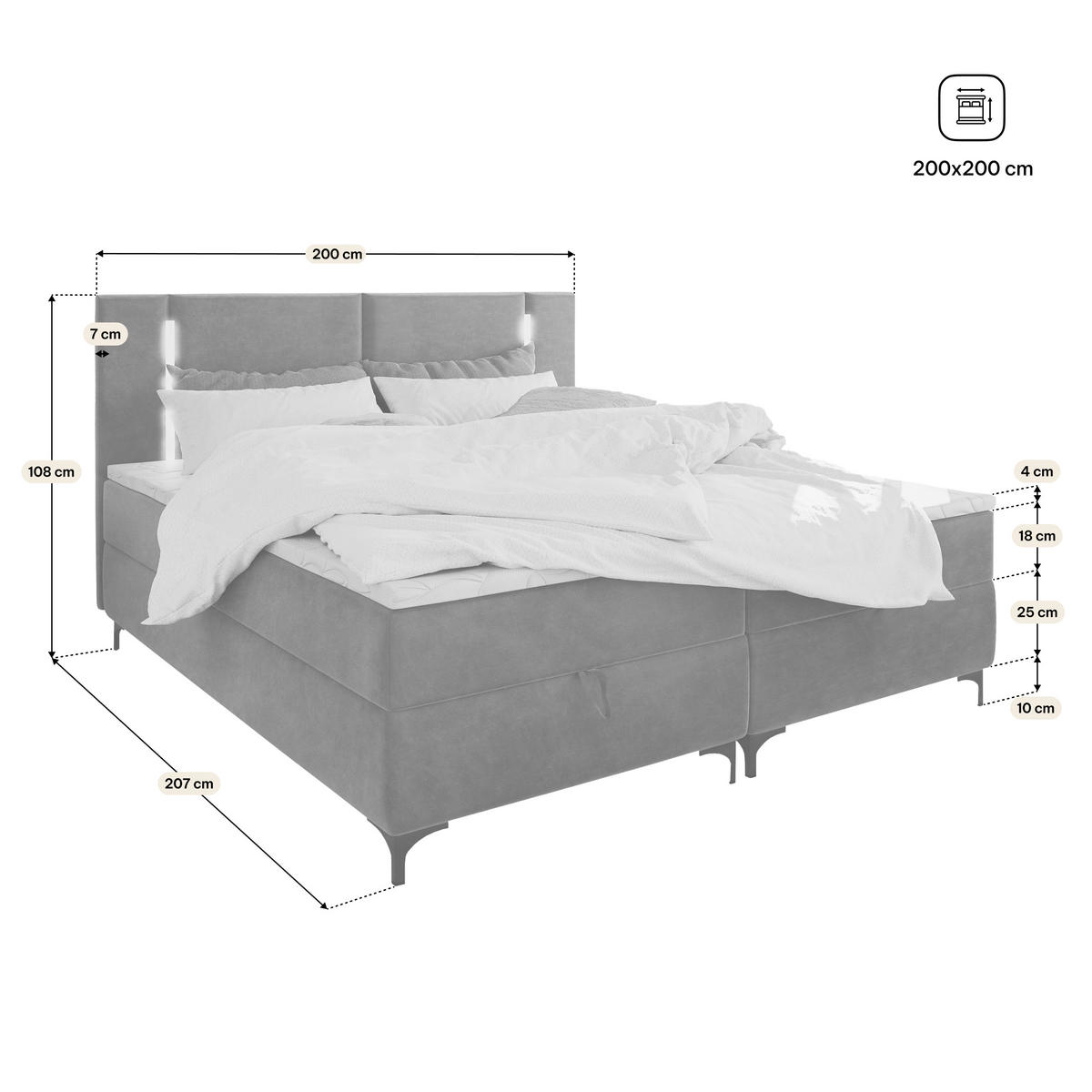 AMERICKÁ POSTEL CEVANO, 200x200 cm s matrací a úložným prostorem, H2+H3, šedá - šedá, dřevo (200/200cm) - MASSENO