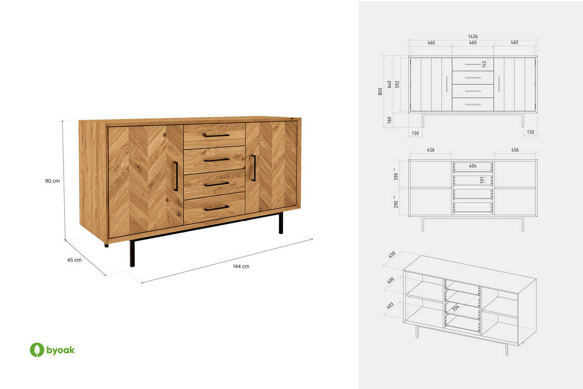 KOMMODE BREIT LEON Wildeiche - Wildeiche, Holz (144/80/45cm) - byoak