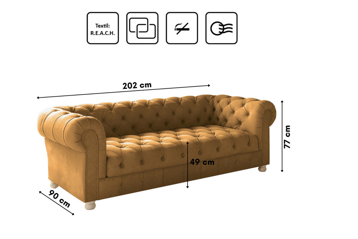 SOFA CHESTERFIELD Elegant Klassisch Schick Stoff Whisper Velours Kupfer - Kupferfarben, Holz/Textil (202/77/90cm) - Kaiser Möbel